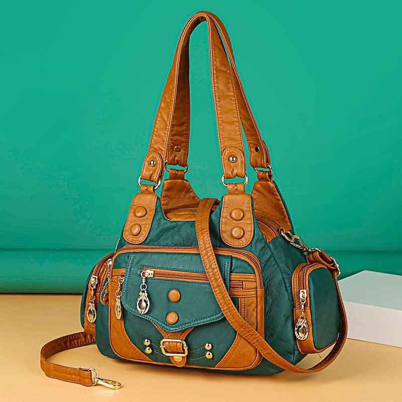 Trendy washed leather women's bag contrasting color bag shoulder crossbody portable soft leather large capacity multi-layer