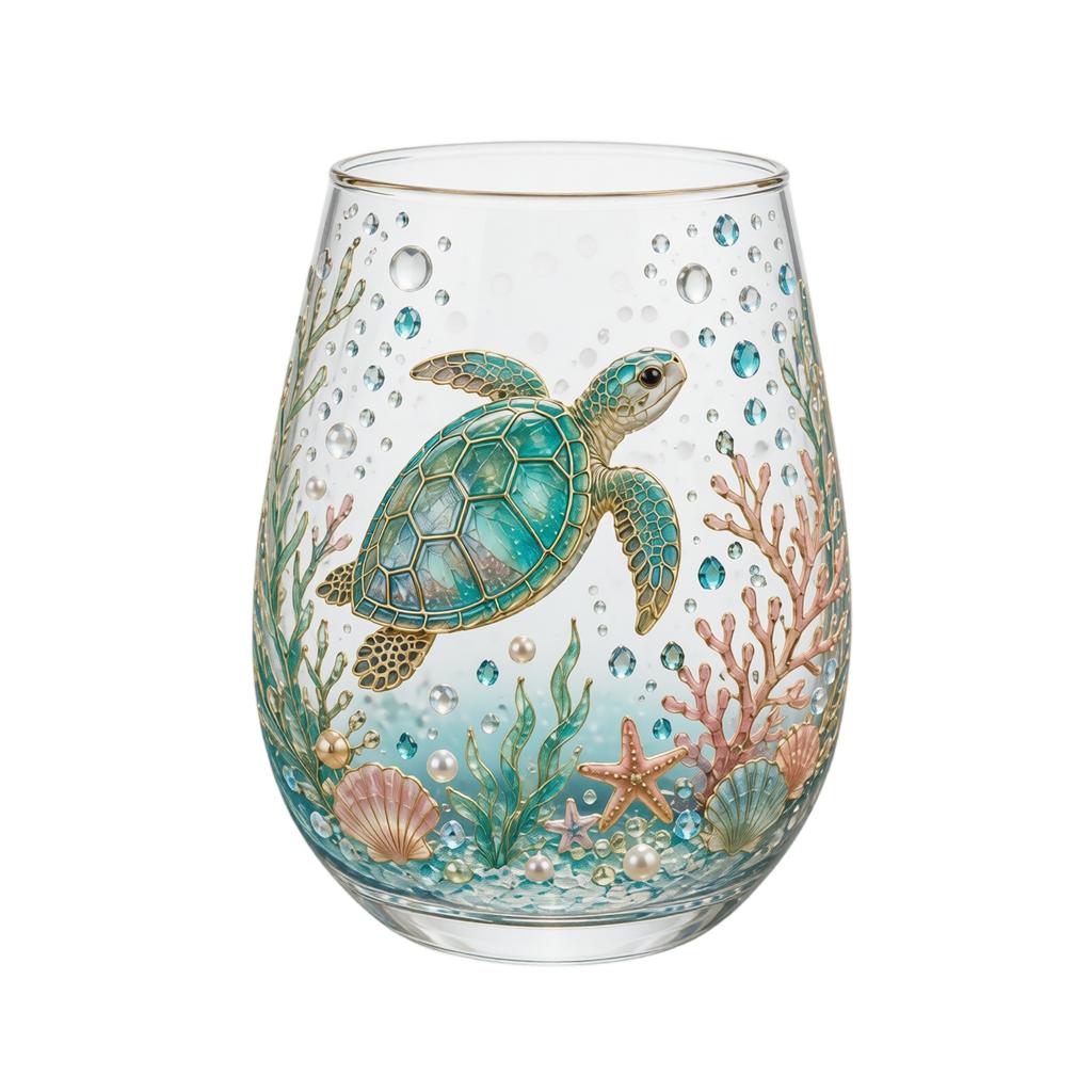 Glass Tumbler with Embossed Sea Turtle and Ocean Scene Design Stemless Water or Juice Cup for Home Kitchen Bar Use