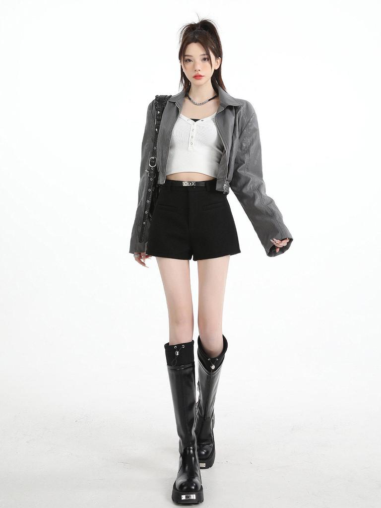 Women's High-End Wool Blend Bootcut Shorts - Slim-Fit A-Line, Petite, Hip-Enhancing, Autumn/Winter Wide-Leg Pants