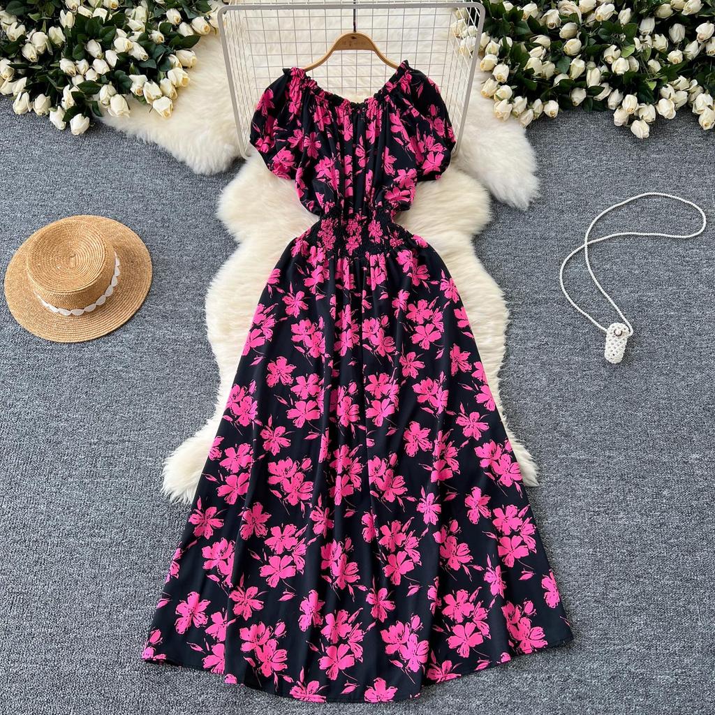 Retro Off Shoulder Dress Puff Sleeve Print Beach Vacation Women Korean Fashion Summer Vestidos Dresses