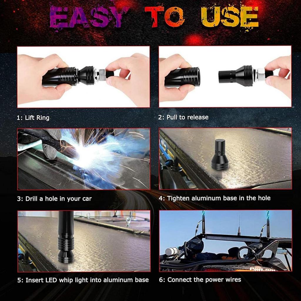 RGB LED Whip Light Chasing Whip Lights 10 Speed Settings 366 Modes App Remote Control for UTV Off Road Sand Truck Boat