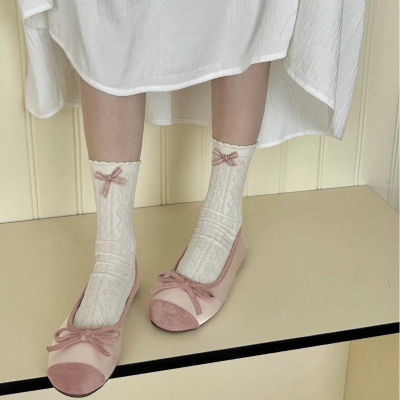 Female Spring and Autumn Sweet Light Pink Tie Bowtie Boneless In The Tube Pile Pile Socks