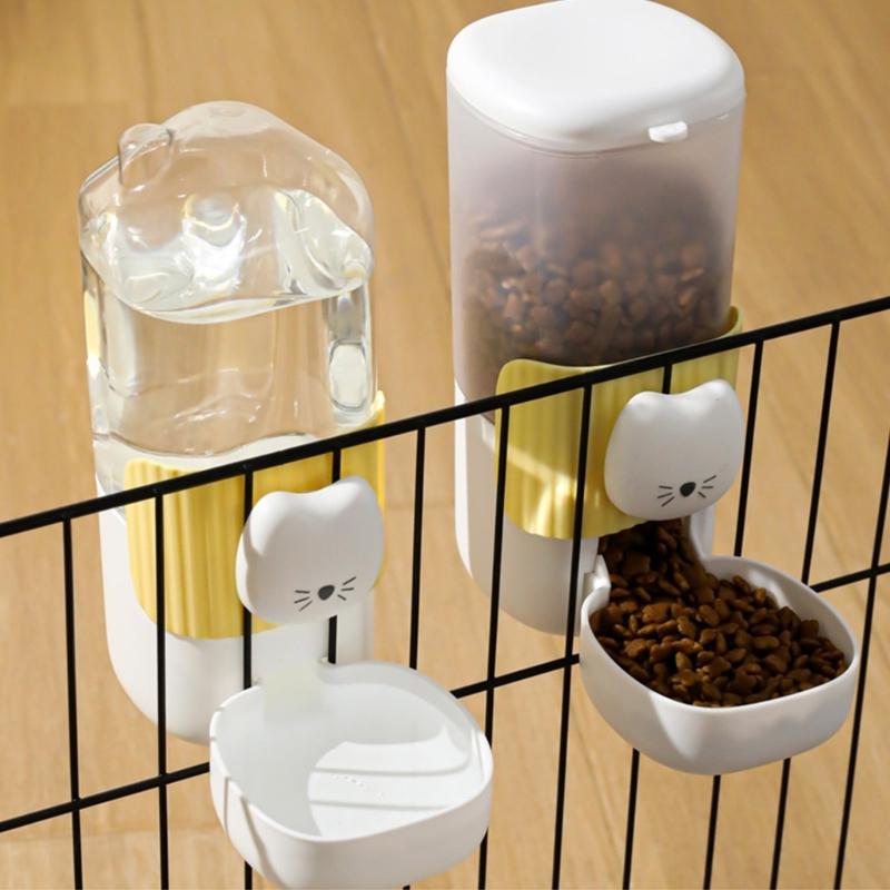 2PCS Cage Mounted Automatic Pet Food Water Dispenser with Cartoon Cats Design Easy Installation For Home Feeding Supply