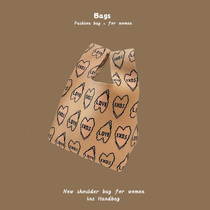 Ins Trendy Handbag Women'S Knitted Wool Bucket Bag Hand Carry Casual Tote Bag Box Lunch Bag