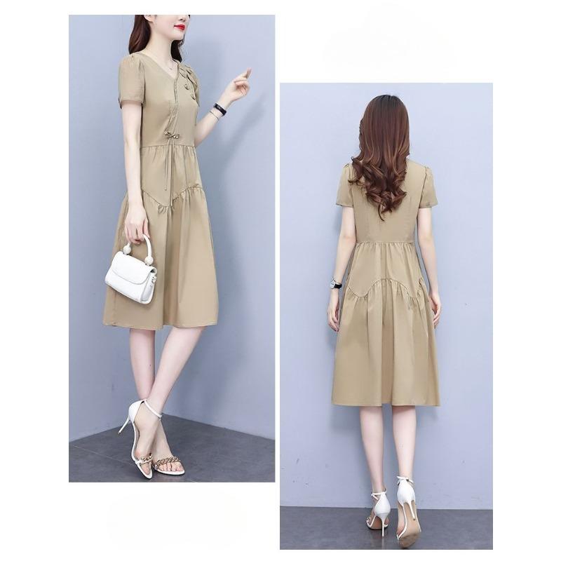 Summer French Elegant Temperament Fashion Casual Dress Age Reducing High Waist Slimming Mid Length Dress for Ladies