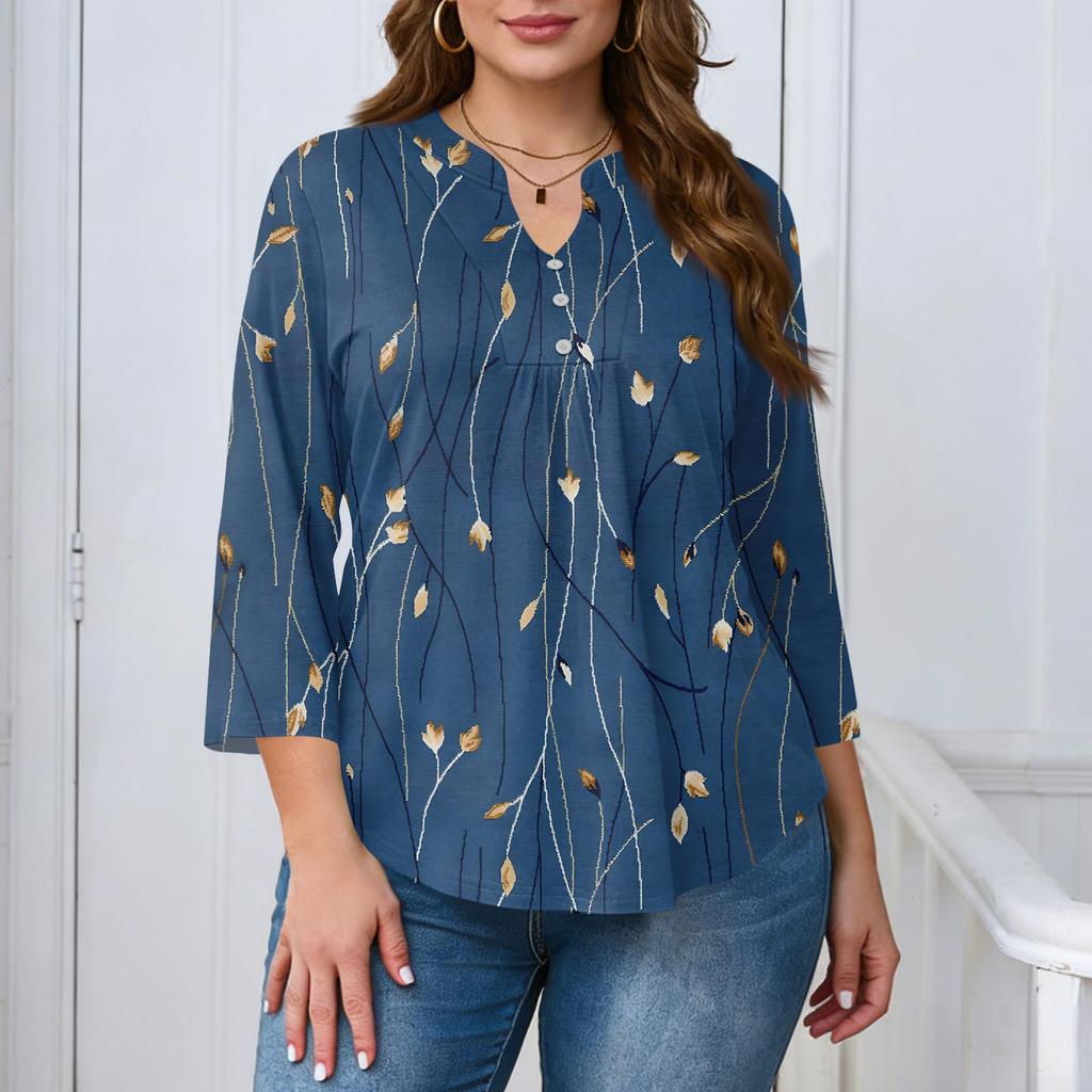 Women's Plus Size Fashionable Casual Loose Fit Three Quarter Sleeve Elegant Button Up V Neck Top