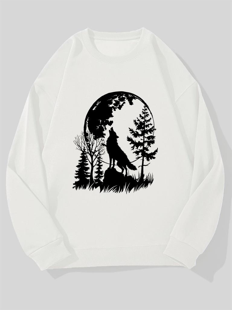Men's Howling Wolf Under Moonlit Forest Silhouette Pattern Casual Crew Neck Sweatshirt