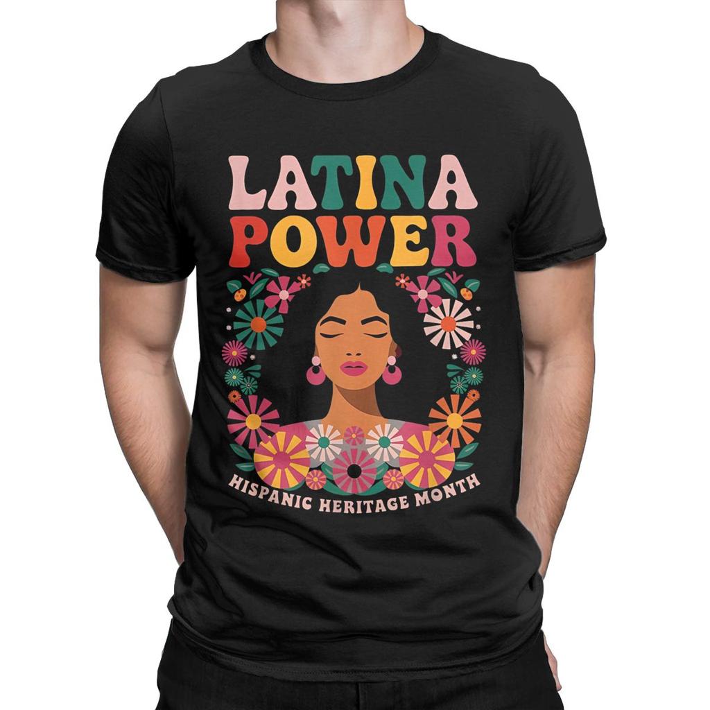 Men T-Shirts Latina Power Women Flowers Unique Cotton Tee Shirt Short Sleeve Hispanic Heritage Month T Shirts merchandise Gift