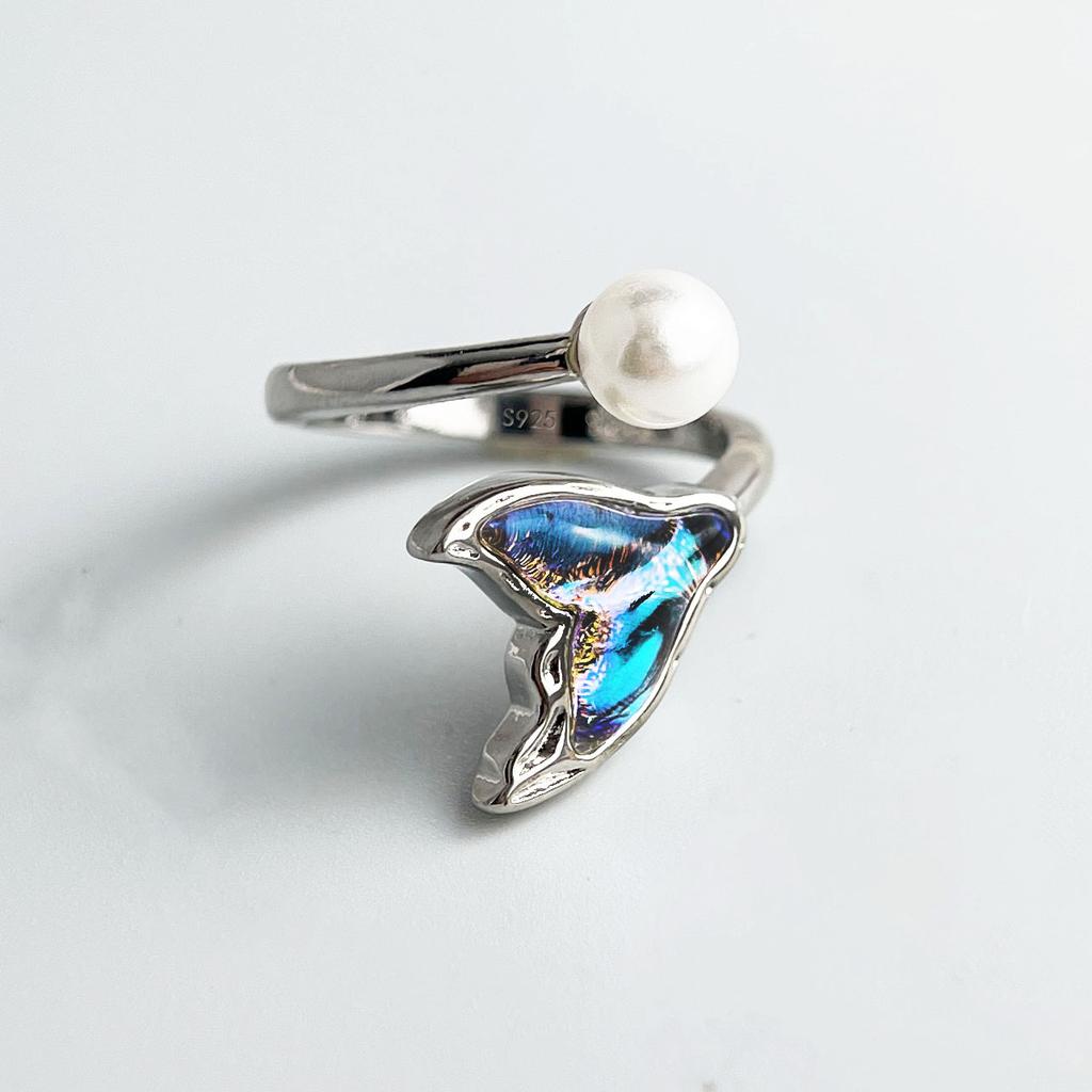 BF CLUB 925 Sterling Rings for Women Simple Geometric Handmade Irregular Retro Blue Whale Tail Ring Allergy For Birthday Gift