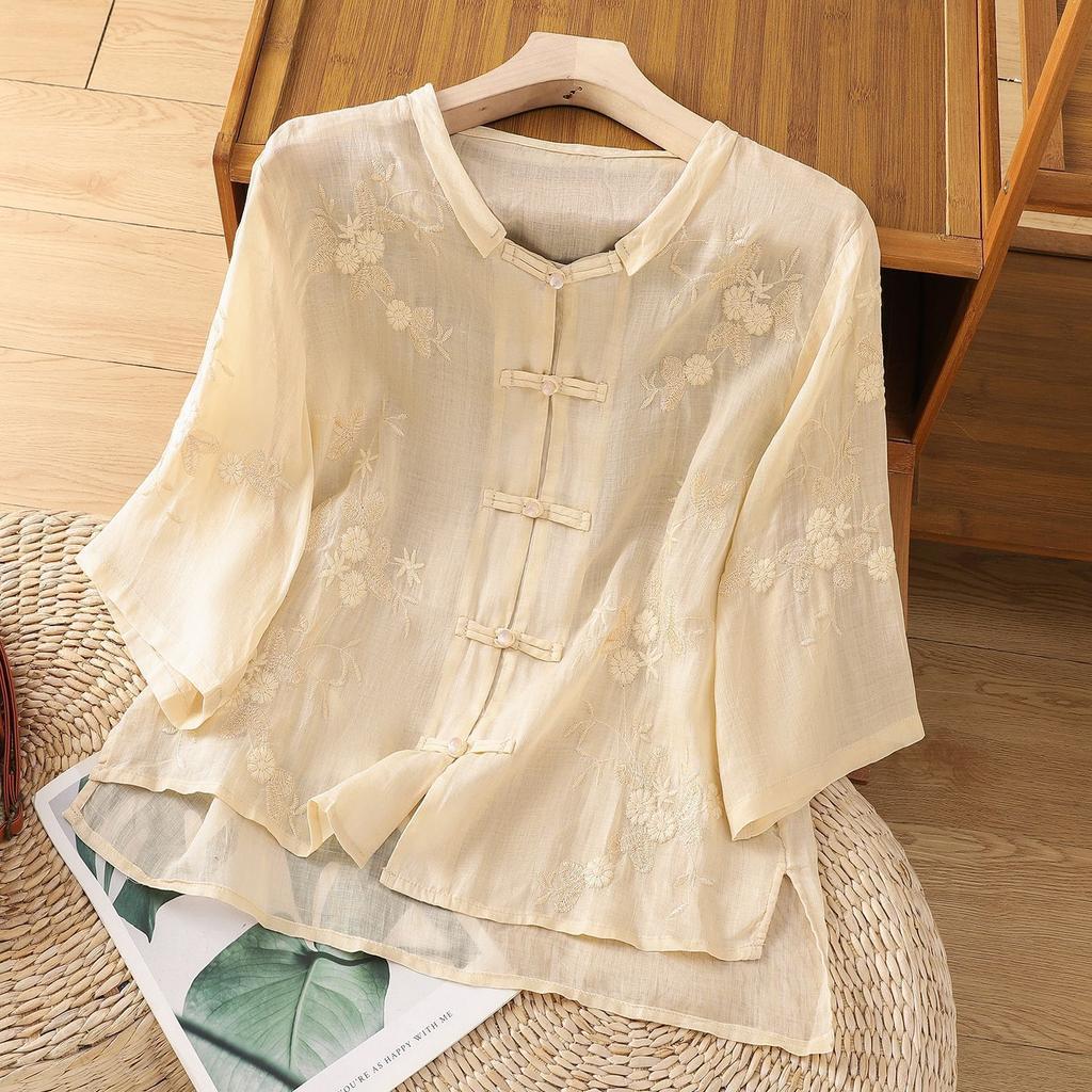 Summer Women Blouse Floral Embroidery Shirt Mesh Patchwork Tops Blusass Tunic Vintage Single Breated Shirts & Blouses