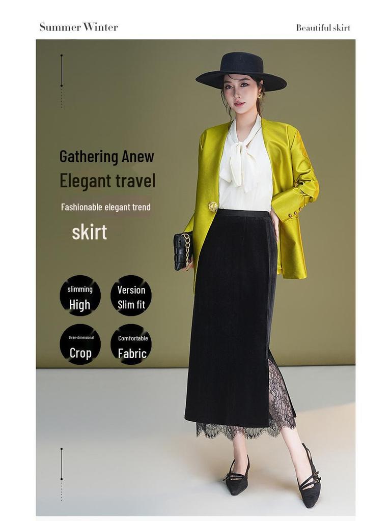 Elegant Velvet Lace Trim High-Waisted Slit Tube Pencil Skirt