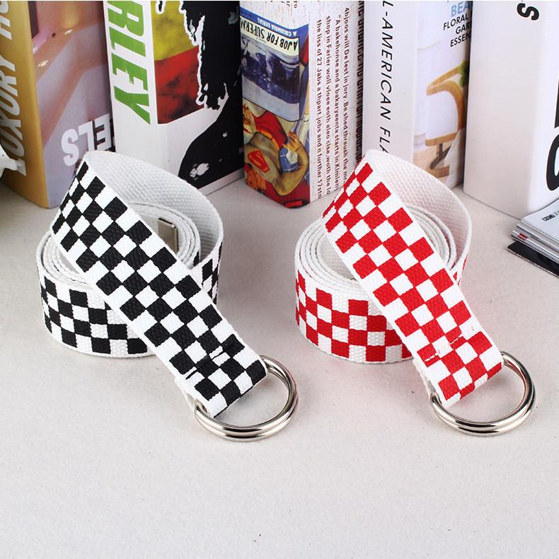 Printed Canvas Grid Belt And Double Loop Buckle Made Of Nylon Woven Material