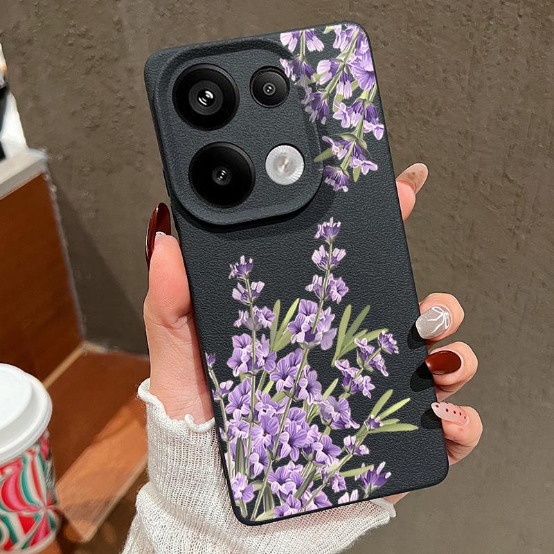 Purple Floral Pattern Leather Texture TPU Matte Case For Xiaomi 13T Pro Poco X7 X6 M6 Redmi 13C Note 14 Pro 13 12 11 Slim Shockproof Soft Phone Cover