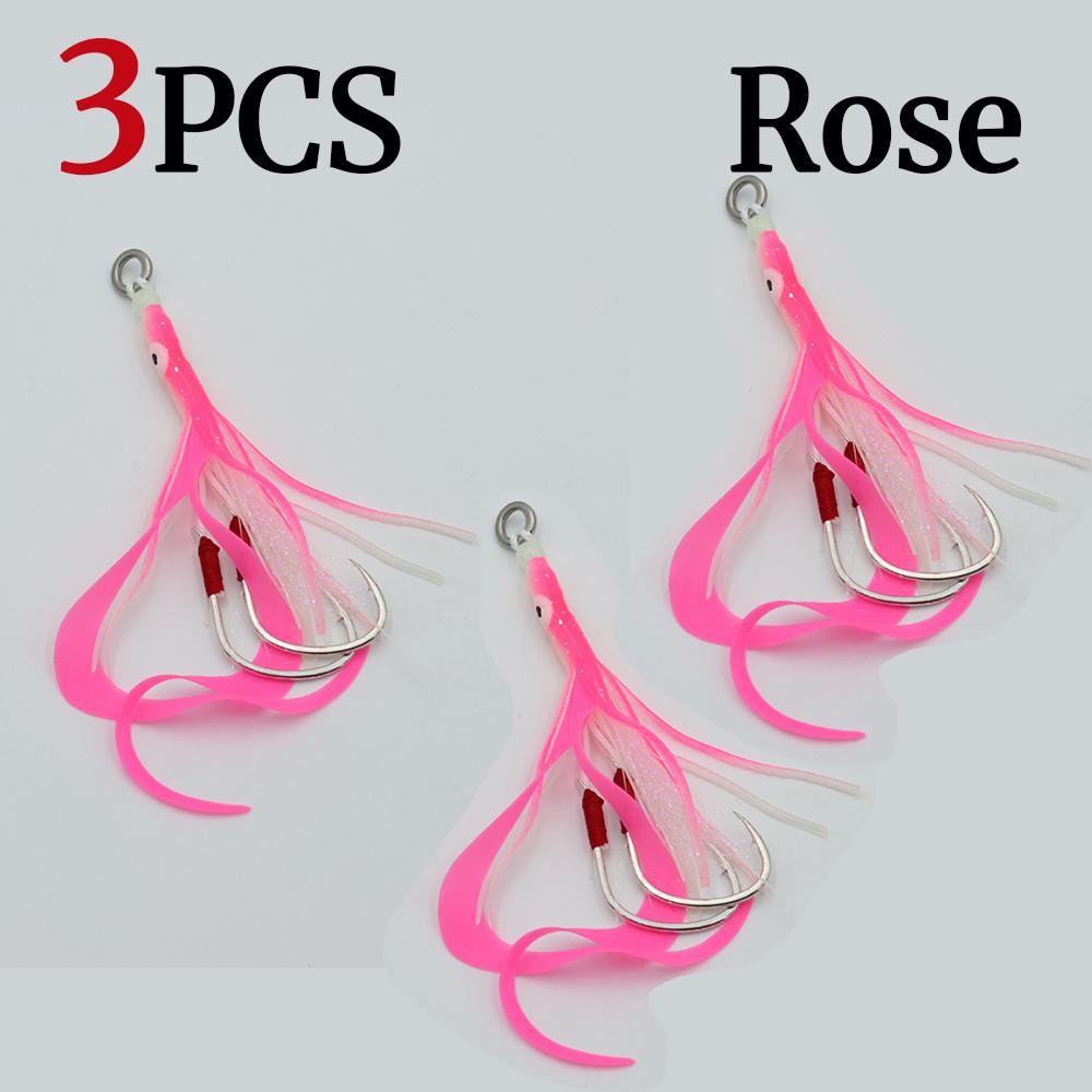 3 buc. Fuste moi calmar care luminează în întuneric, nălucă cu 2 cârlige asist pentru jigging cu prezentare lentă, momeală pentru trolling pescuit în apă sărată (Trandafir Portocaliu Alb)