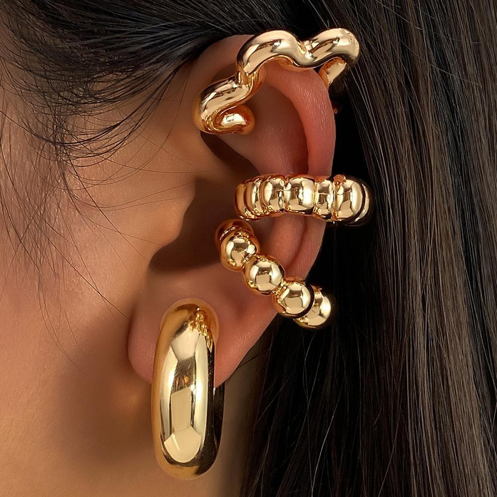 Punk Gold Silver Color Resin Clip Earring for Women Geometric Round Bead No Piercing Fake Cartilage Ear Cuff Jewelry Accessories