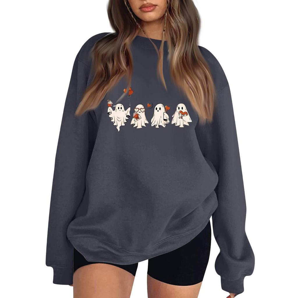 Women's Neck Long Sleeve Comfy Sweatshirt Casual Loose Fit Color Halloween Print Pullover