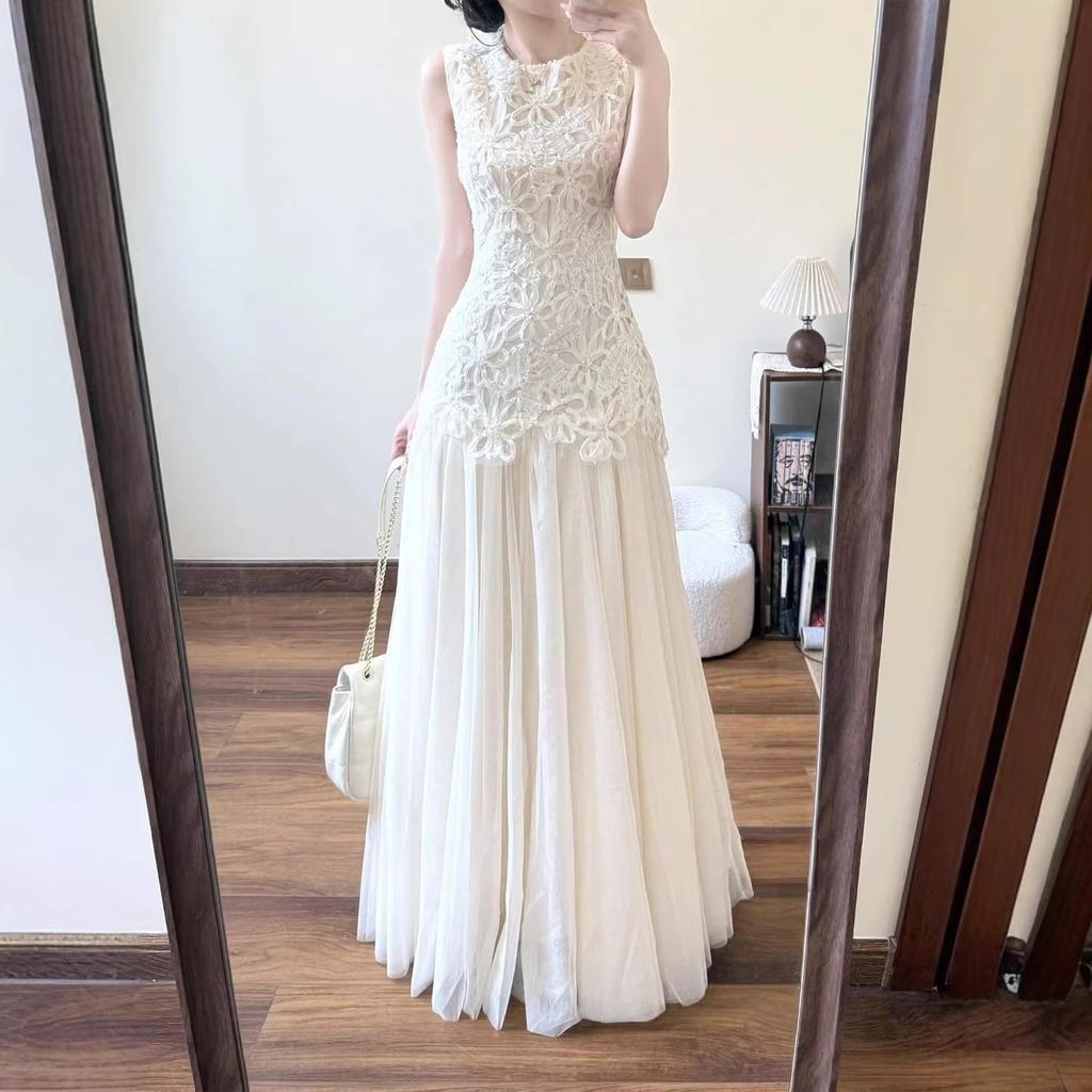 Rich family daughter style sequined lace vest dress women's birthday dress high-end temperament waist mesh dress