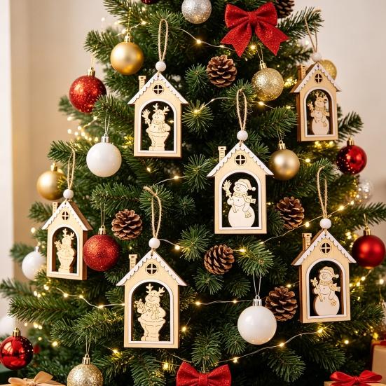 Reusable Festive Home Decor Wooden Christmas House Snowman/Reindeer Hanging Ornament, DIY Xmas Pendant with Nordic Style Tree Pendants Hemp