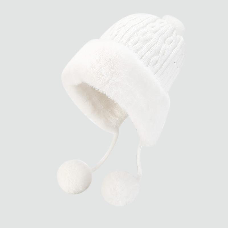 

Wool hat women s winter versatile plush ball knitted hat autumn and winter thickened warm plush ear protectors One Size белый