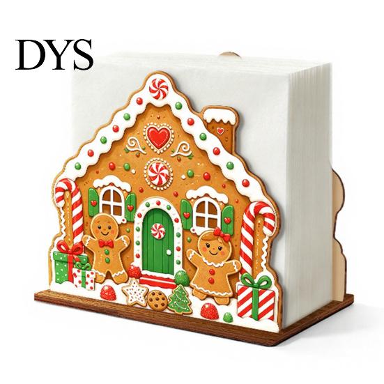 Santa Claus Tissue Organizer Christmas Wooden Holder, Napkin Dispenser with Gingerbread House Elk Seasonal Dining Table Accessory Pattern, Decorative