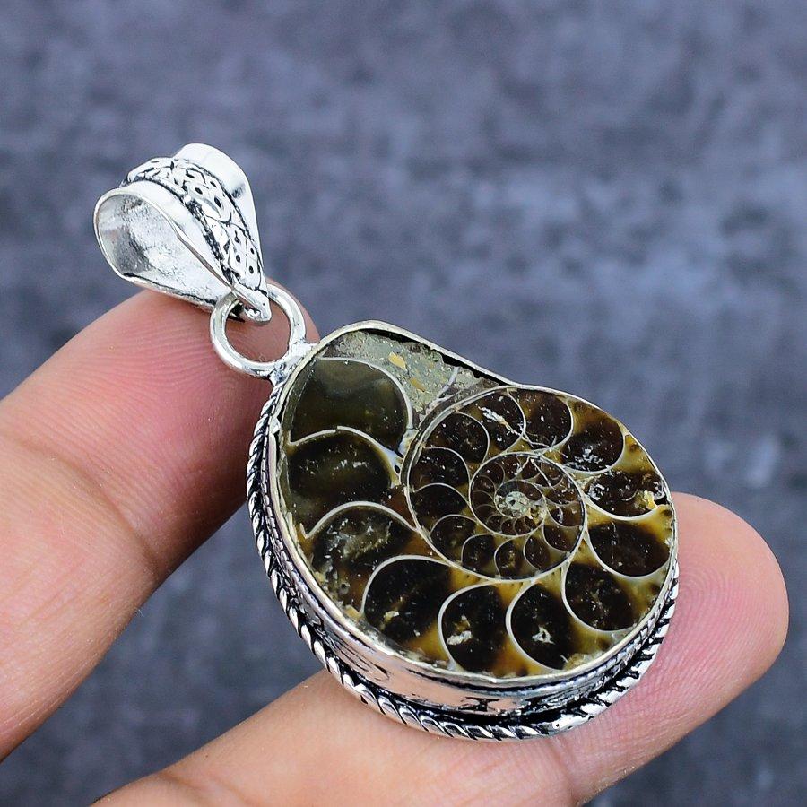 Natural Ammonite Fossil Gemstone 925 Sterling Silver Jewelry Pendant 1.97" T2g73