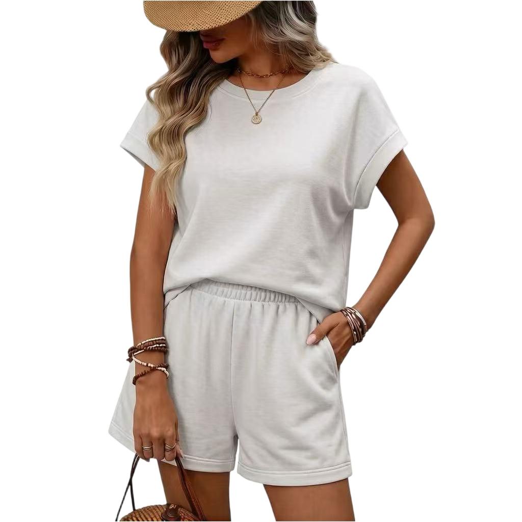 Conjunto de Dos Piezas para Mujer: Top de Manga Corta Holgado y Shorts, Atuendo Casual de Verano, Tejido Suave, Estilo Relajado, Ropa de Casa para el Uso Diario