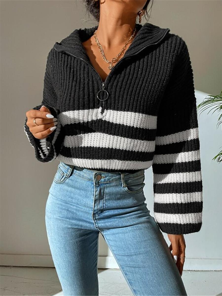 

Fall Winter New Style Striped Color Block Stand Collar Knit Pullover Sweater Outerwear for Women L чорний