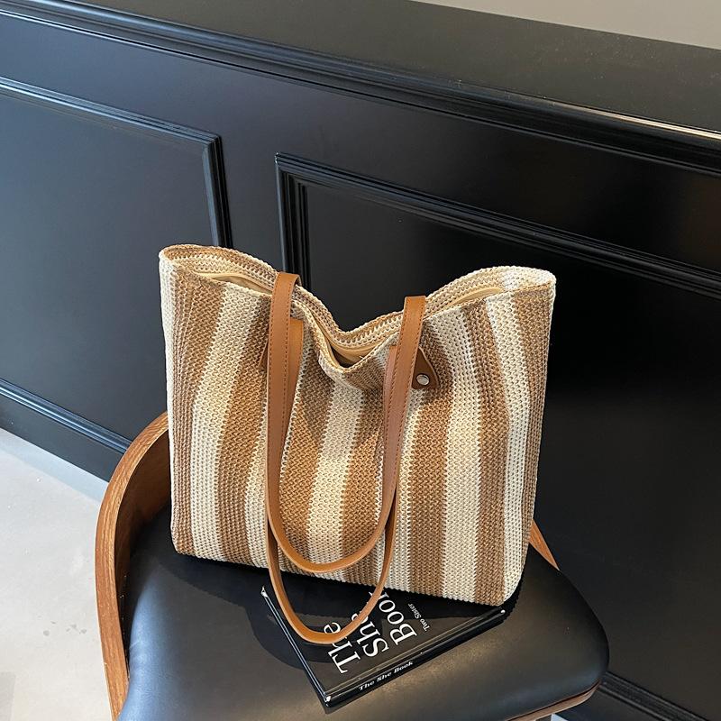 Summer Straw Woven Tote Bag for Women Large Capacity Striped Beach Bag Handmade Knitting Shoulder Bag Casual Vacation Handbag