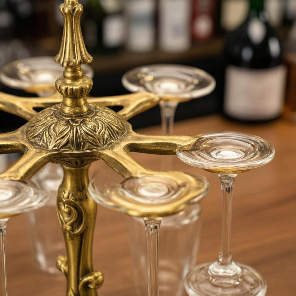 Stemware Rack Antique Style Grape Glass Brass Colored Hanging Holder for Home Bar,
