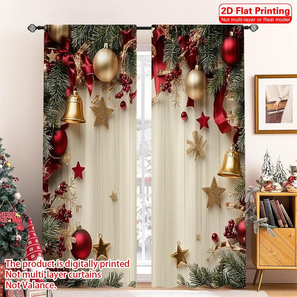 

2D плоская печать 2 шт. Рождественские шторы Звезды и сосновые ветви Ткань Без электричества Семейная вечеринка на праздник 52.50×116.00 CM 2pcs