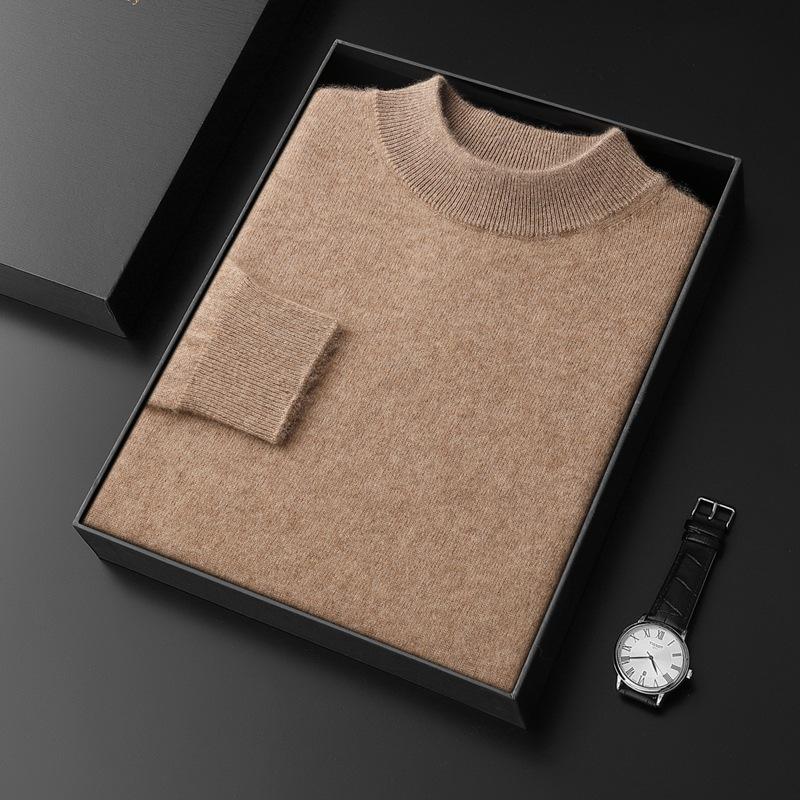 Men's Seamless Cashmere Sweater, Half-High Collar, Solid Color, Loose Fit, Plus Size, Base Layer for Autumn and Winter.