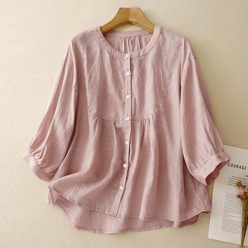 

Однотонная рубашка из хлопка и льна с круглым вырезом и рукавами семь четвертей для женщин, летняя, новая, японская, простая, ветроустойчивая, свободная, солнцезащитная рубашка для M розовый