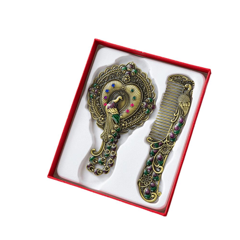 Portable Peacock Makeup Mirror Comb Set Hand-held Luxury Princess Make Up Mirror Metal Handle Embossing