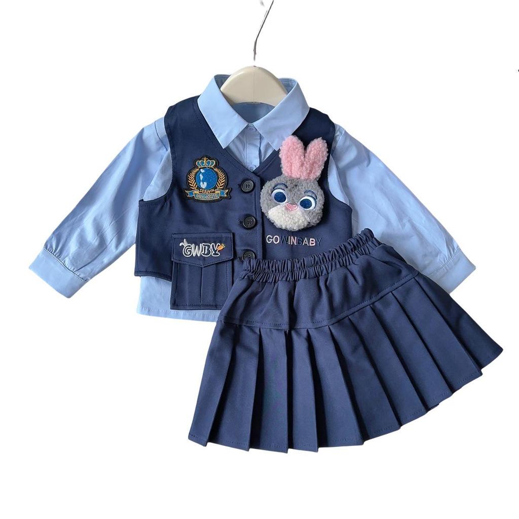 Girls' Rabbit Police Officer Three-Piece Set: Vest, Shirt, and Pleated Skirt – Suitable for Autumn and Spring (AQB003)