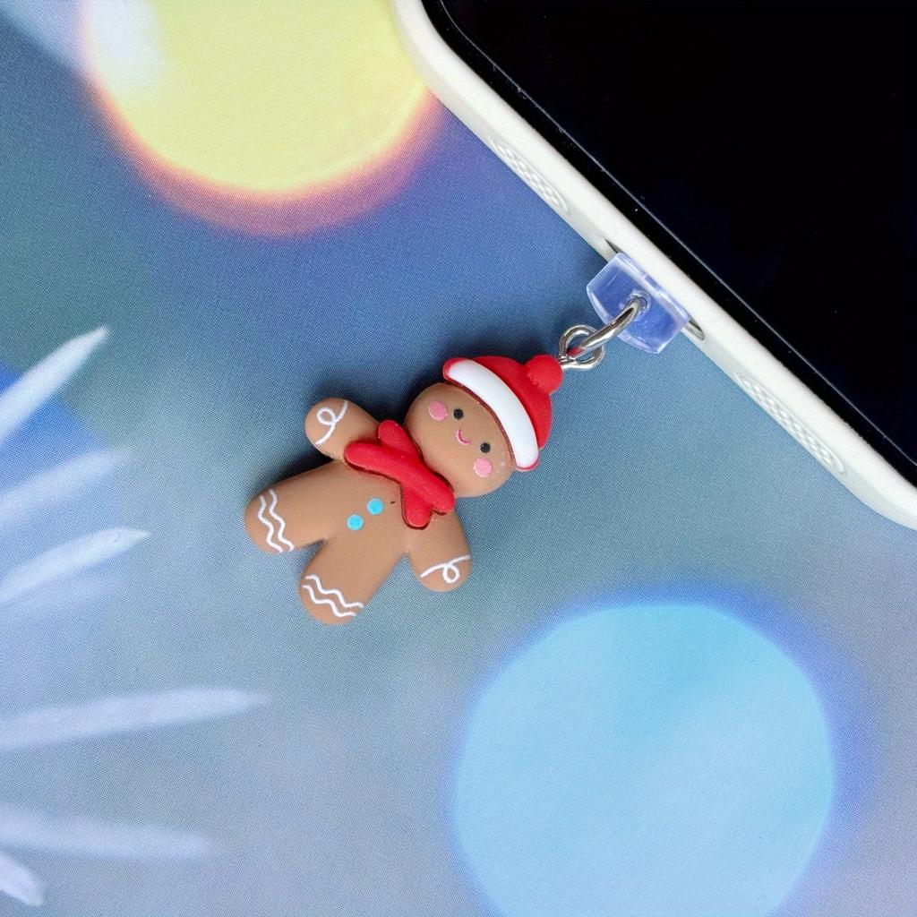1ks Vánoční perníkový muž prachová zátka přívěsek pro porty iPhone & Type-C, Roztomilý sváteční doplněk k mobilnímu telefonu, Materiál ABS, Dárek na svátky