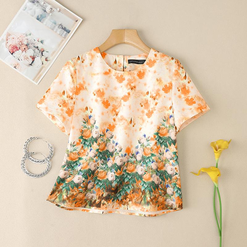 

ZANZEA Женская летняя блузка с круглым вырезом, цветочным принтом и коротким рукавом 5XL оранжевый