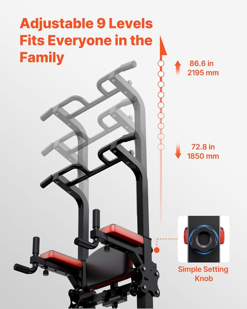 Pull-up Bar, 150kg Power Tower Dip Station, Trainings Dip Station met H-vormige Stabiele Basis & Hulpplatform, Verstelbare 9 Niveaus Hoogte Pull-up