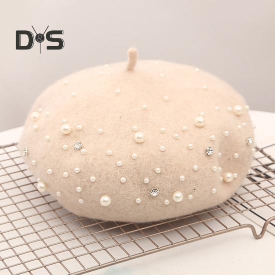 Baskenmütze für Damen, Kunstperlen, Strass-Dekor, Vintage-Wollmütze im englischen Stil, ohne Krempe, einfarbig, verstellbare Träger, Kürbismütze