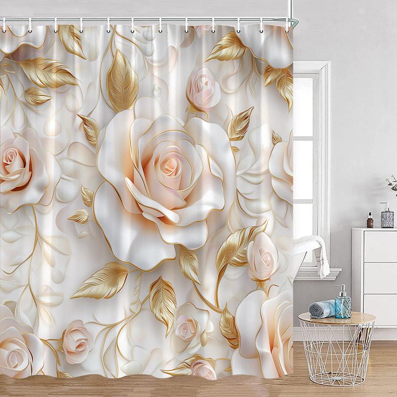 Luxury Gold White Floral Shower Curtain Rose Butterfly Cherry Blossom Modern Art Flower Polyester Fabric Bathroom Curtains Dec