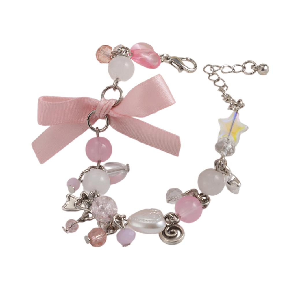 Faux Pearls Beaded Bracelet with Bowknot Pendant Butterfly Knot Charm Wristchain Adjustable Length Handchain Ornament
