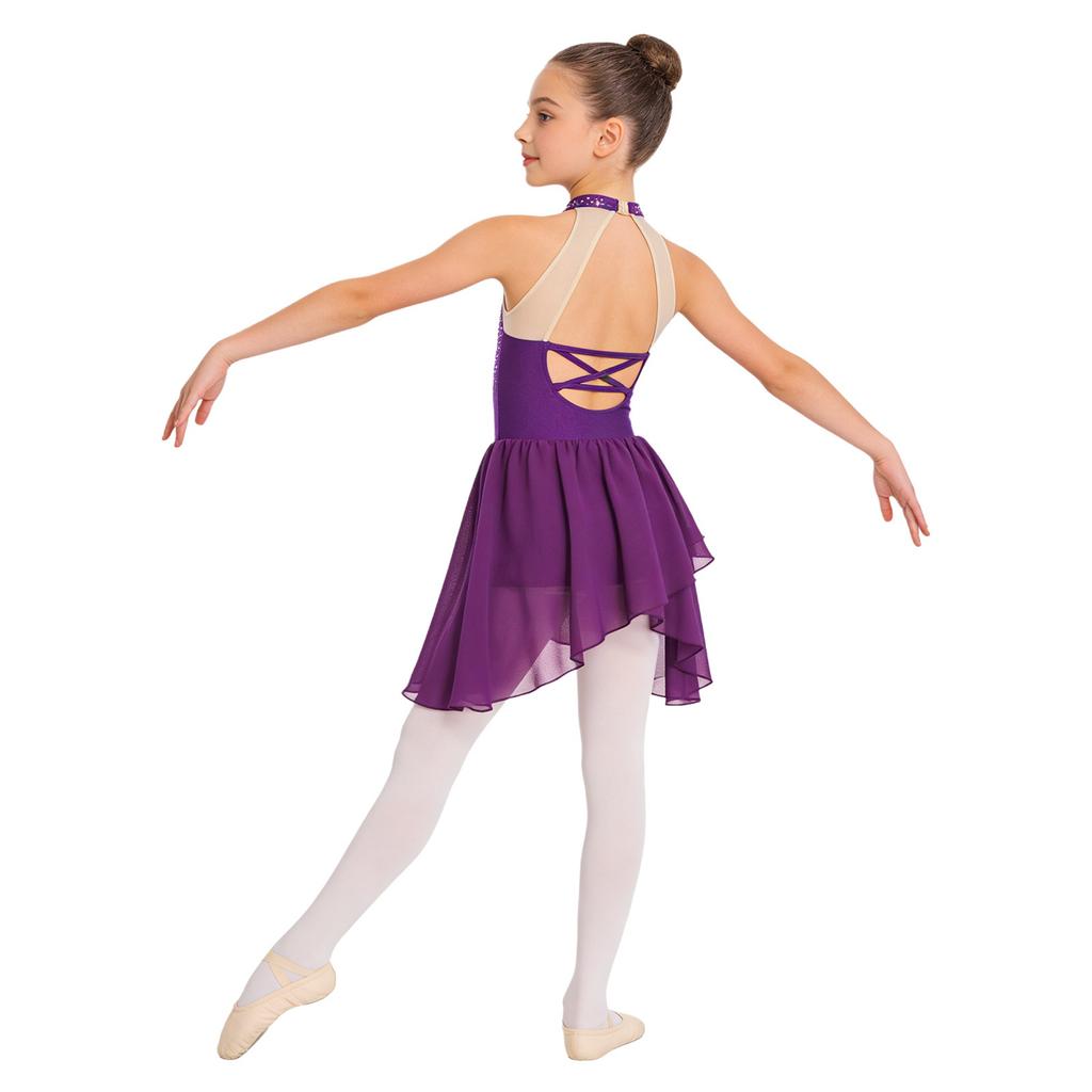 Dziewczęca Błyszcząca Sukienka Patchworkowa z Dżetami Bez Rękawów z Krytym Dekoltem Przezroczysta Siateczka Odkryte Plecy Nieregularny Dół Kostium do Tańca Lirycznego