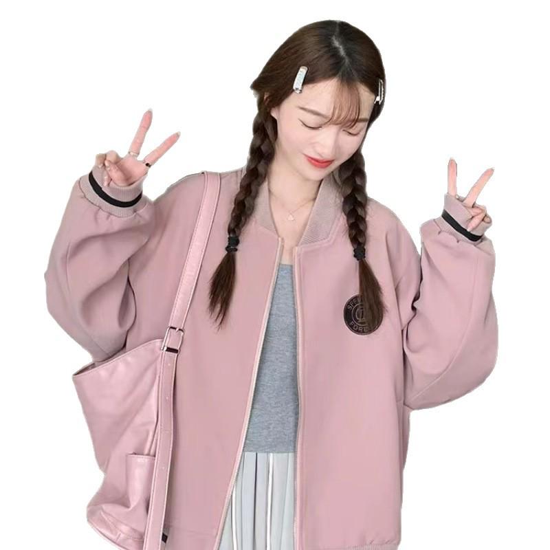 Pink Vintage College Style Women's Baseball Jacket - Spring/Autumn Zipper Coat with Splicing Design