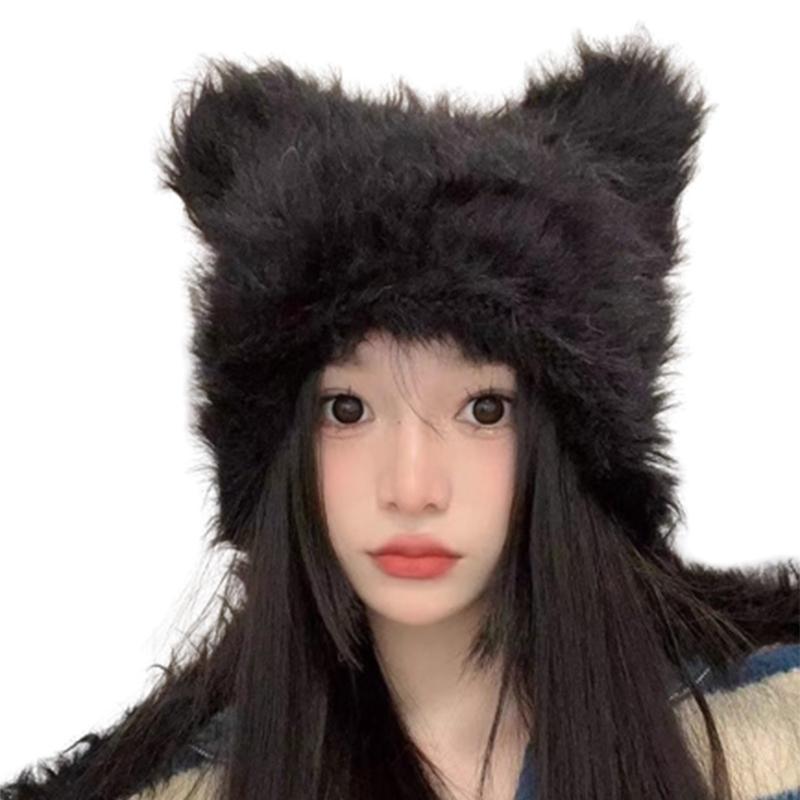 Winter Warm Plush Hat for Women Funny Bear Ear Hat Hooded Skull Hat Outdoor Activity Cap Windproof Headwear Pullover Hat