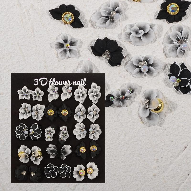 

30PCS Pure Handmade Acrylic Flower Nail Charms Set, 3D Mini White Petal Sculpted Floral Nails with Rhinestone Crystal Handmade Nail Flower Nail Art чорний
