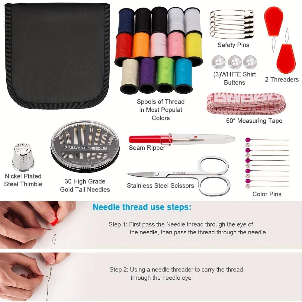 Portable Black Sewing Kit for Home, Beginners, Travel, DIY Sewing - Complete with Needles, Scissors, Threads, Measuring Tape & More