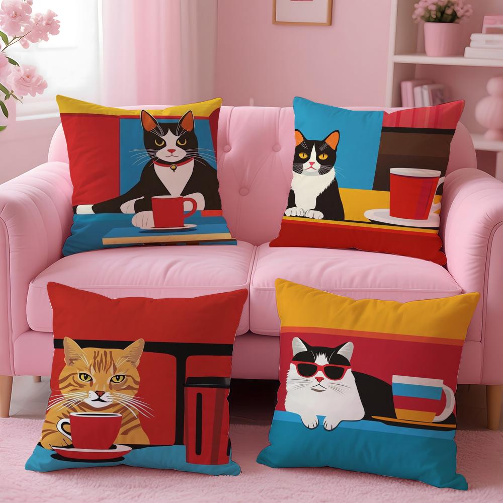 Bop Style Coffee Cats Cushion Cover Plush Fabric Soft Double-Sided Printed Invisible Zipper Sofa Pillow Case Home Decor