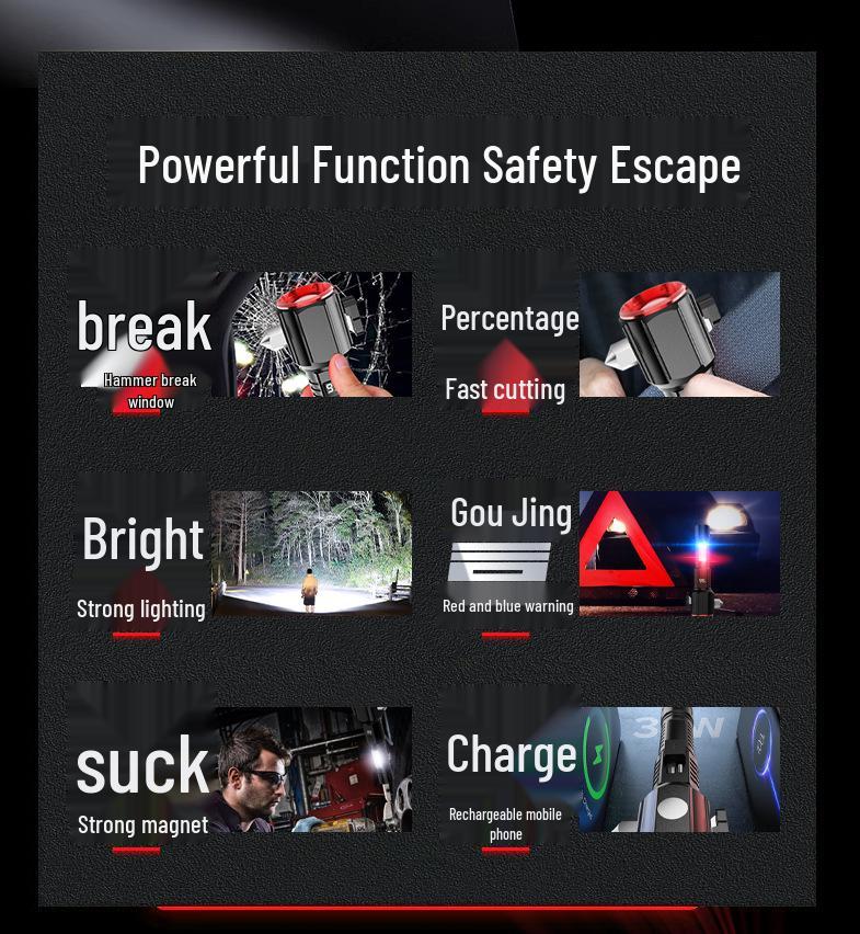 Portable Multi-Functional Safety Hammer with Strong Flashlight for Car and Outdoor Emergencies