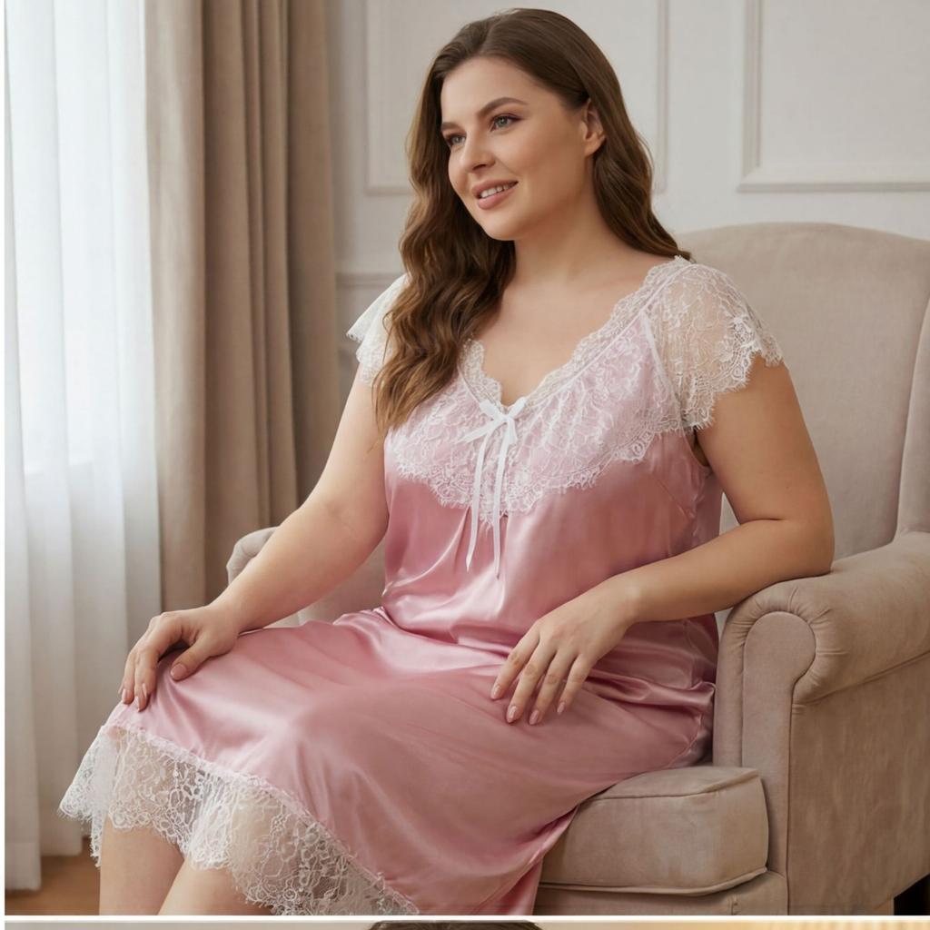 Camisón para Mujer Talla Grande Color Sólido Manga Corta Vestido para Dormir Ribete de Encaje Holgado Casual Ropa de Casa Primavera Verano Ropa de Dormir
