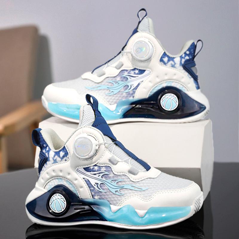 Boys' Shoes Sports Lightweight Soft Soled White Children's Mesh Basketball Rotating Buckle