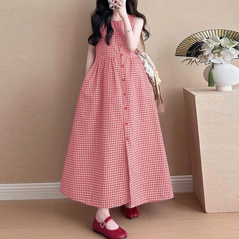 ZANZEA Women Casual Round Neck Sleeveless Plaid Print Long Dress S